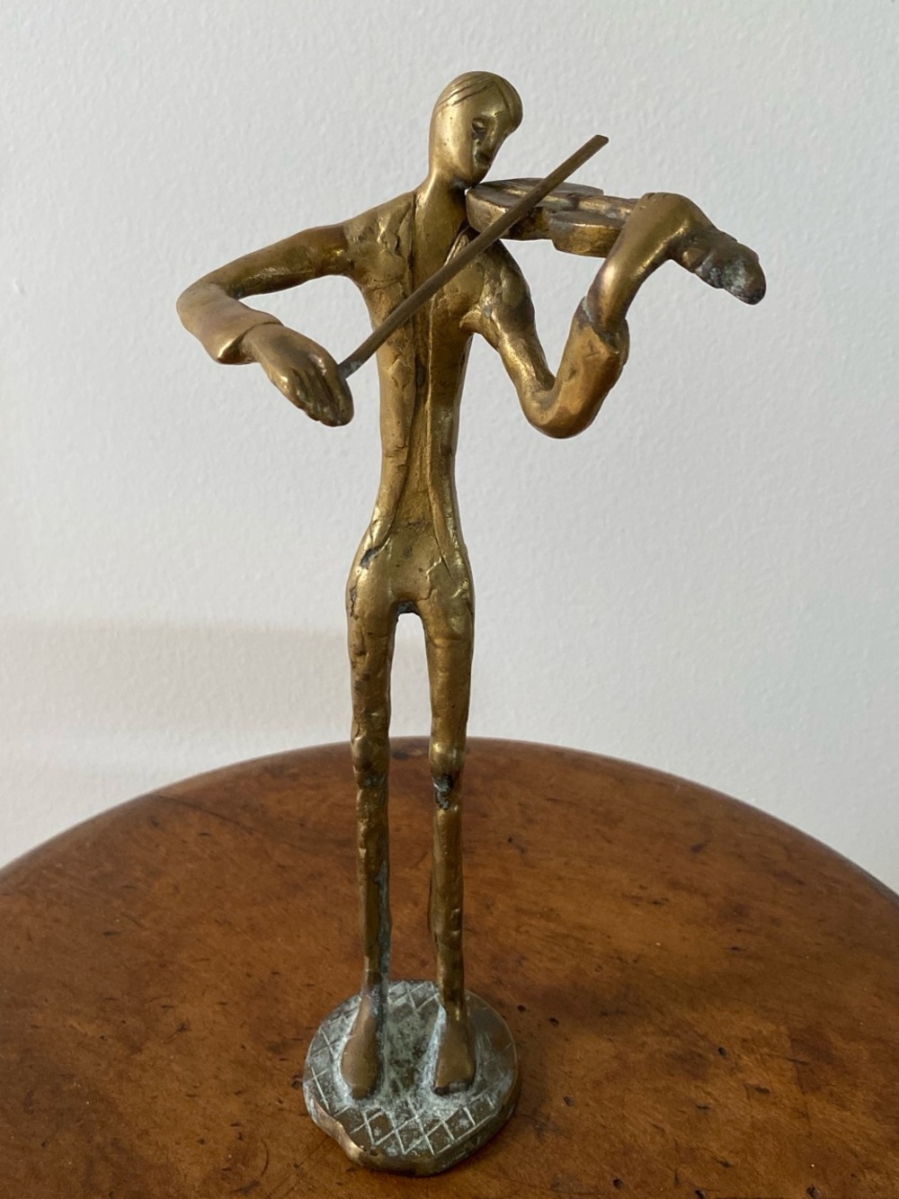 Vintage MidCentury Solid Brass Abstract Figural Violinist with Verdigris Patina